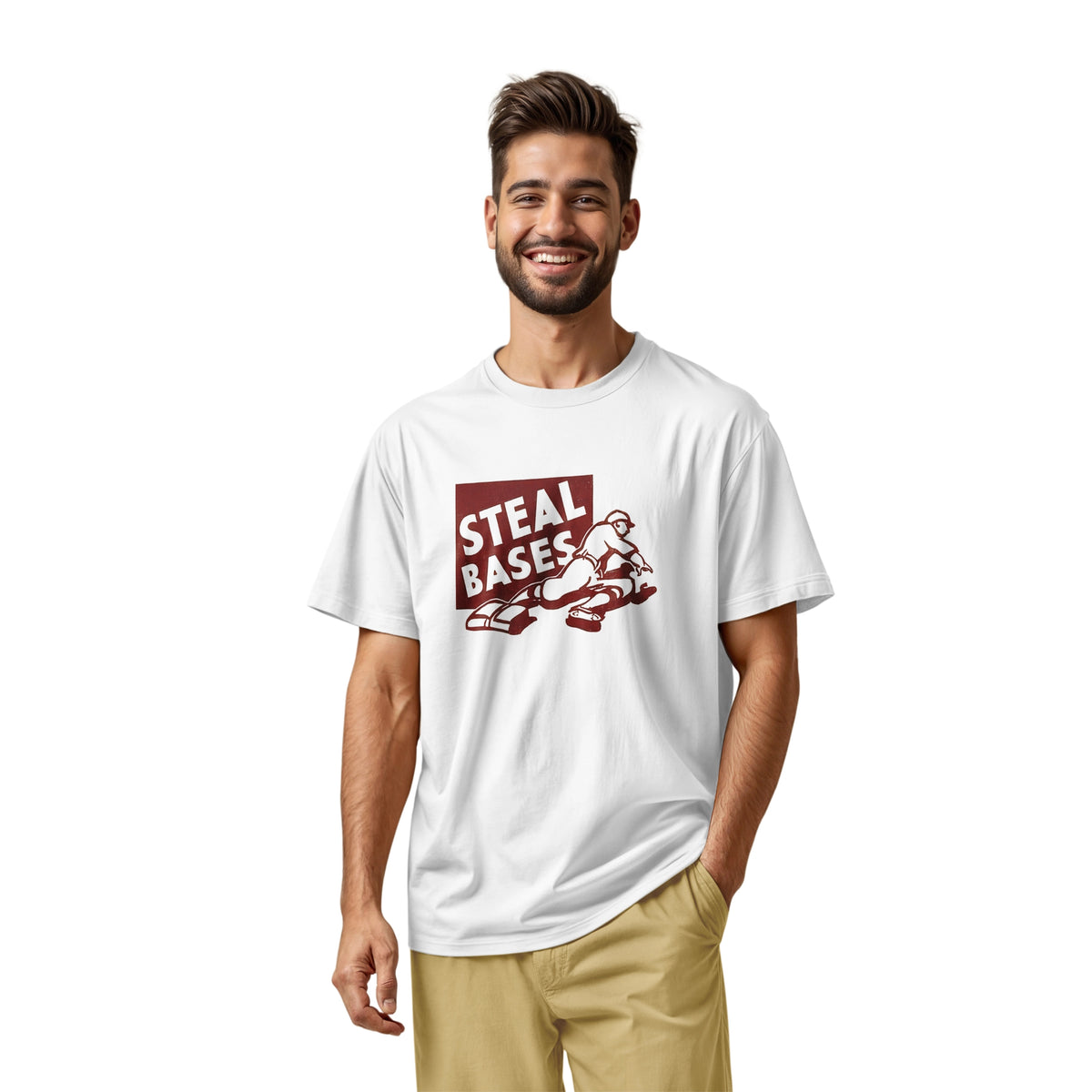 A white t-shirt featuring a retro graphic featuring an illustration of a baseball player and the text 'STEAL BASES'.