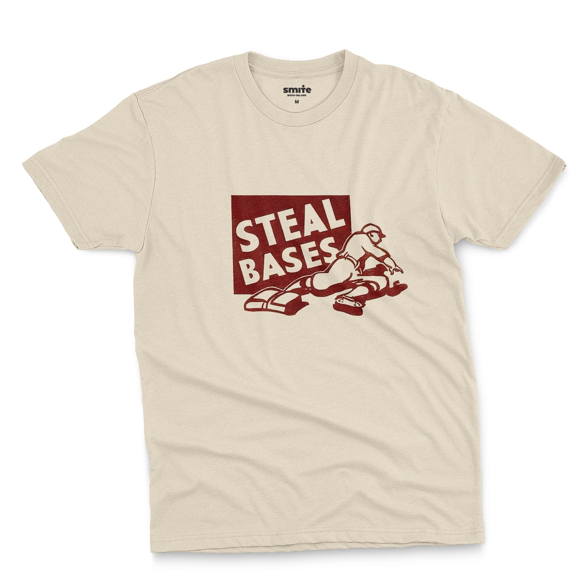 A beige t-shirt featuring a retro graphic featuring an illustration of a baseball player and the text 'STEAL BASES'.