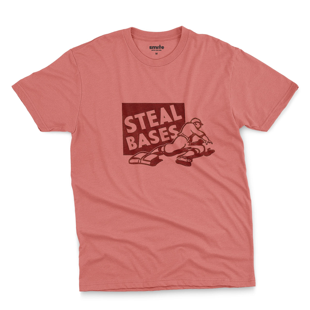 A coral pink t-shirt featuring a retro graphic featuring an illustration of a baseball player and the text 'STEAL BASES'.