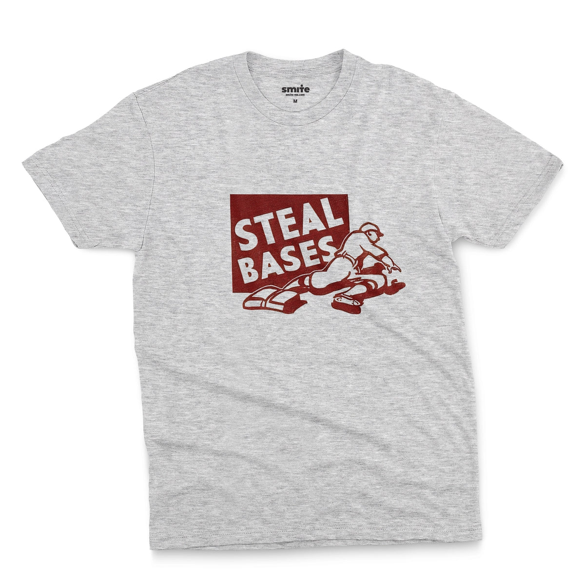 A grey marle t-shirt featuring a retro graphic featuring an illustration of a baseball player and the text 'STEAL BASES'.