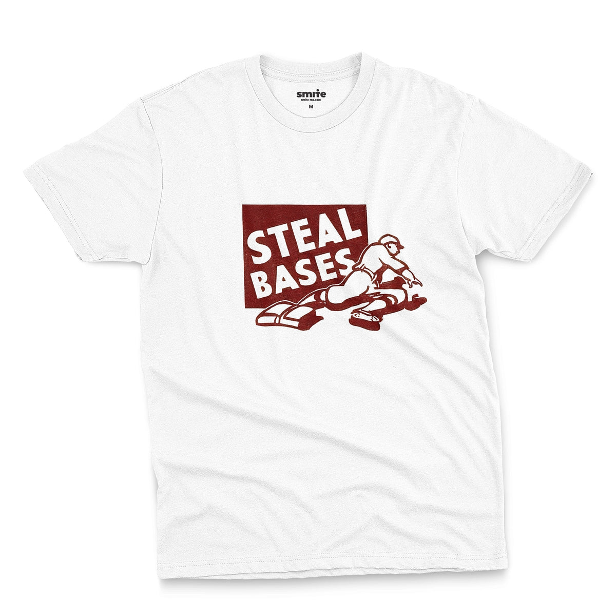 A white t-shirt featuring a retro graphic featuring an illustration of a baseball player and the text 'STEAL BASES'.