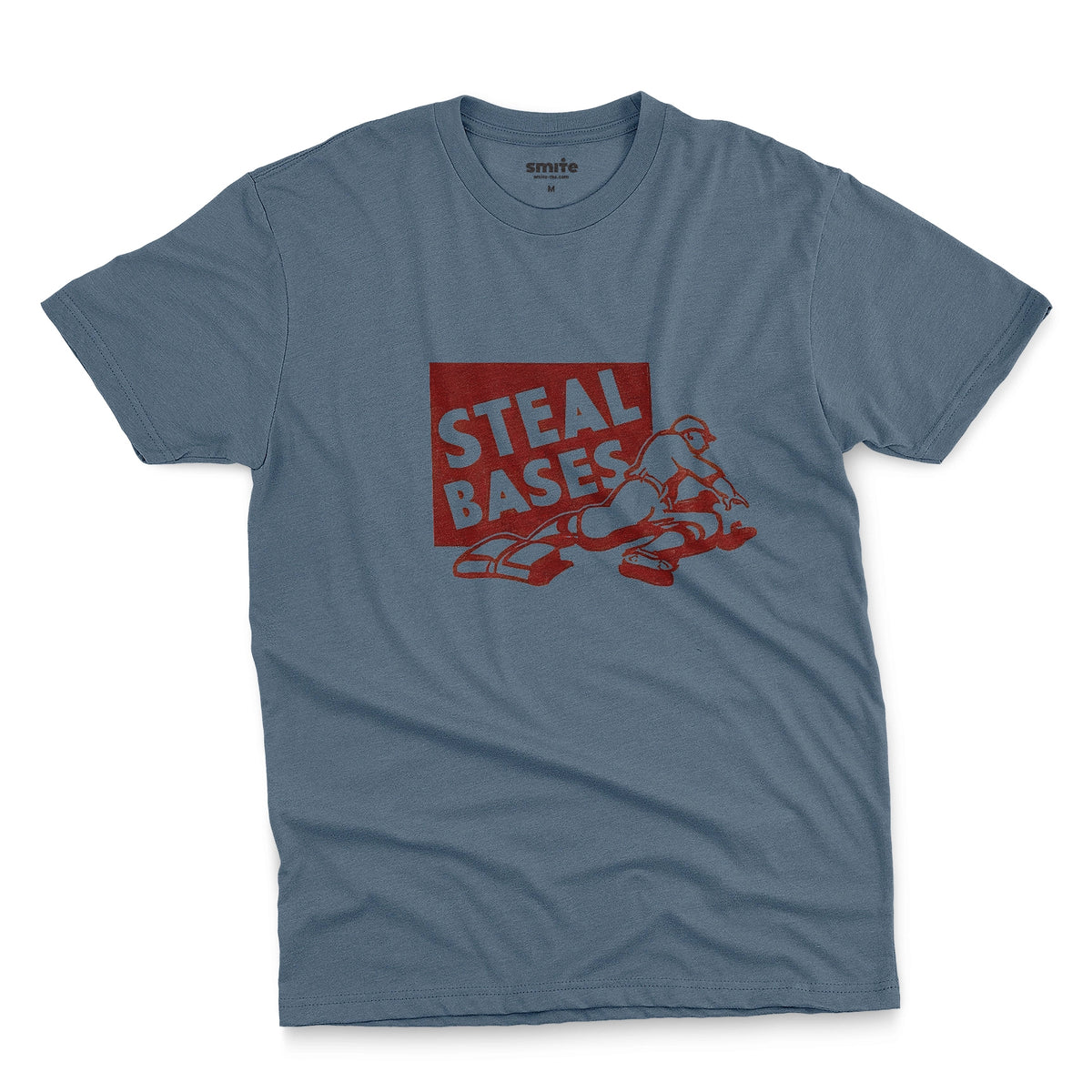 A blue t-shirt featuring a retro graphic featuring an illustration of a baseball player and the text 'STEAL BASES'.