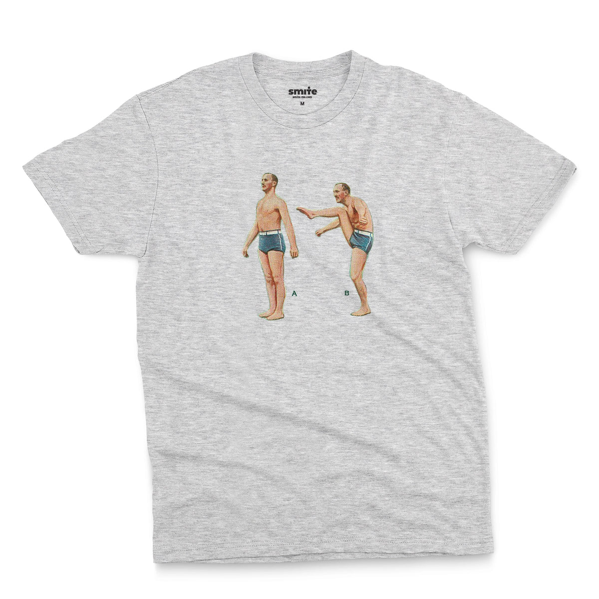 A grey marle t-shirt featuring a 1960s vintage graphic of an exercising man in blue swim trunks, labeled A and B.