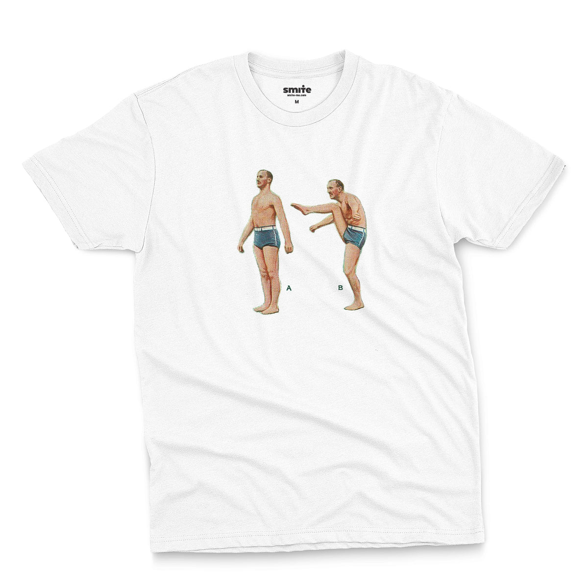 A white t-shirt featuring a 1960s vintage graphic of an exercising man in blue swim trunks, labeled A and B.