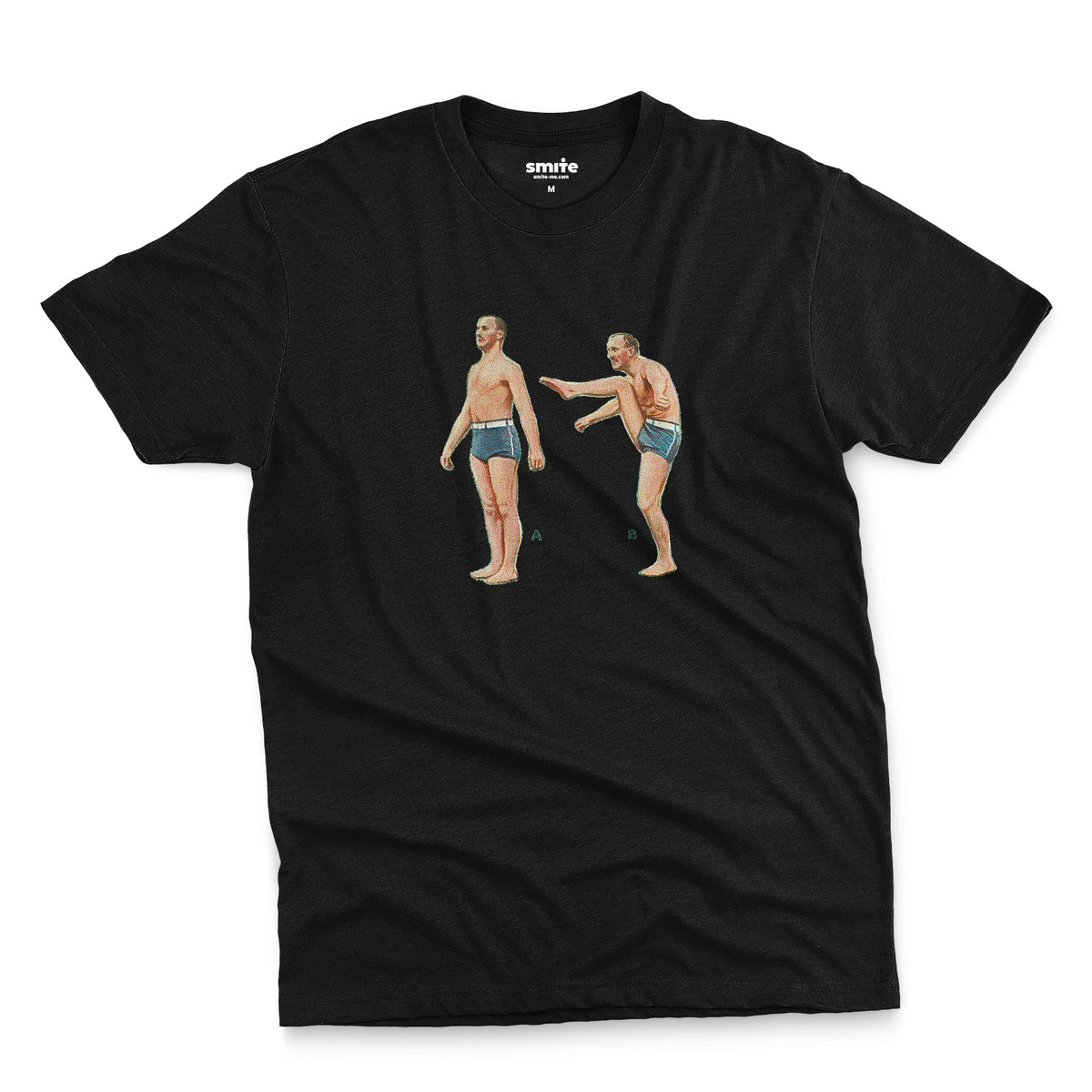 A black t-shirt featuring a 1960s vintage graphic of an exercising man in blue swim trunks, labeled A and B.