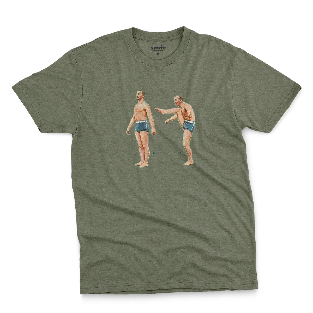 A green t-shirt featuring a 1960s vintage graphic of an exercising man in blue swim trunks, labeled A and B.