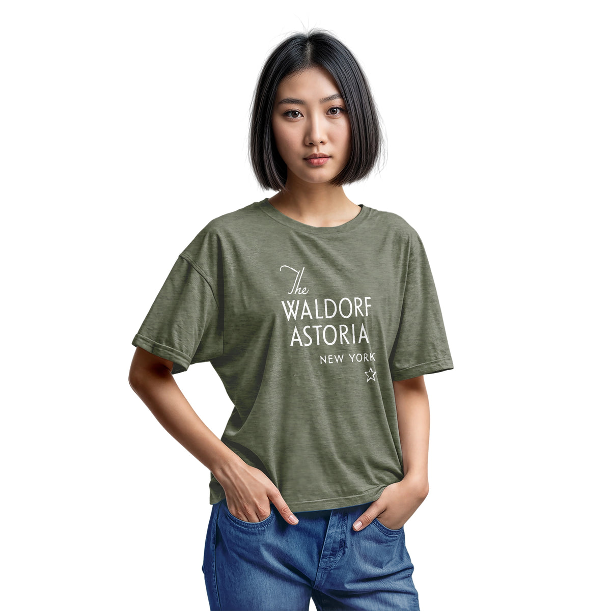 A green t-shirt with a retro logo for The Waldorf Astoria hotel in New York.