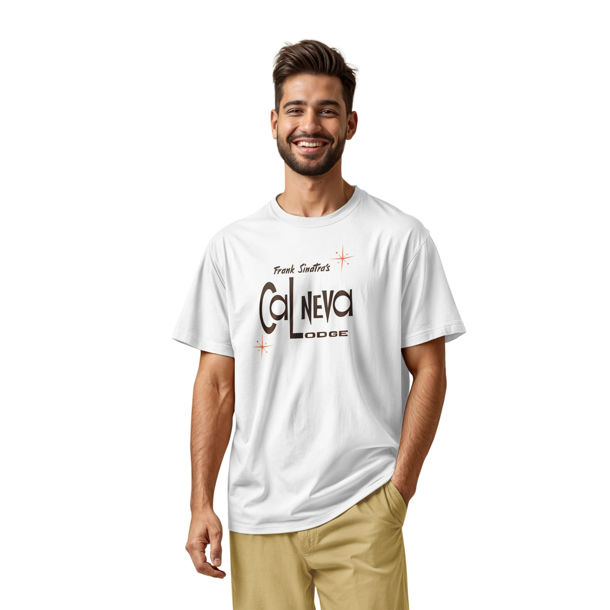 A white t-shirt featuring a retro graphic print of 'Frank Sinatra's Cal Neva Lodge', the legendary hotel and casino.