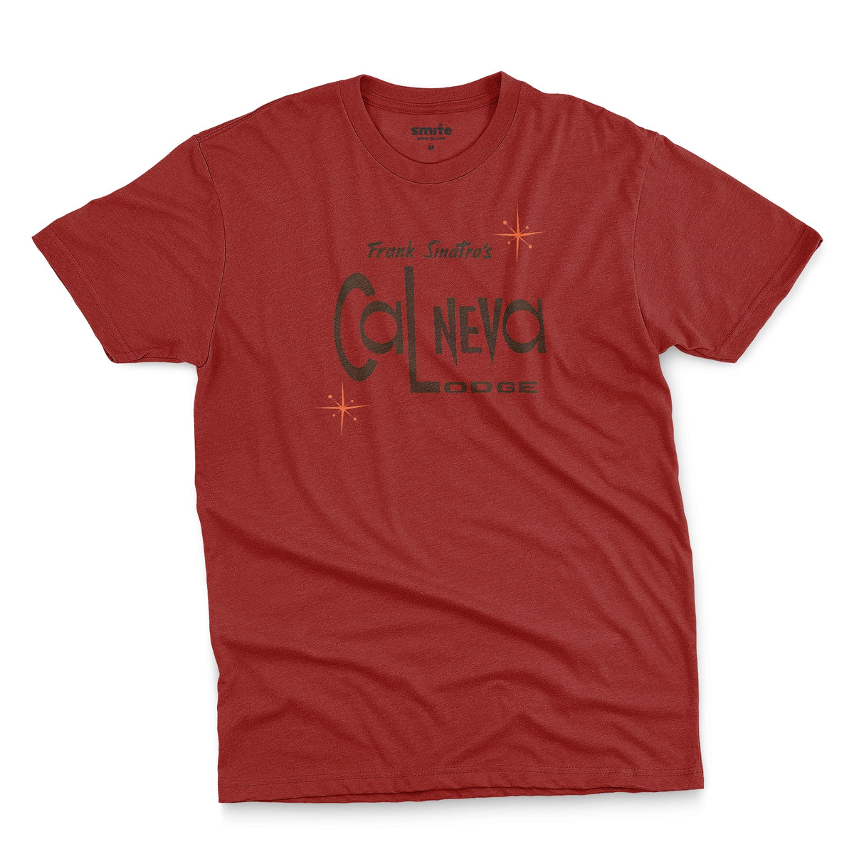 A red t-shirt featuring a retro graphic print of 'Frank Sinatra's Cal Neva Lodge', the legendary hotel and casino.