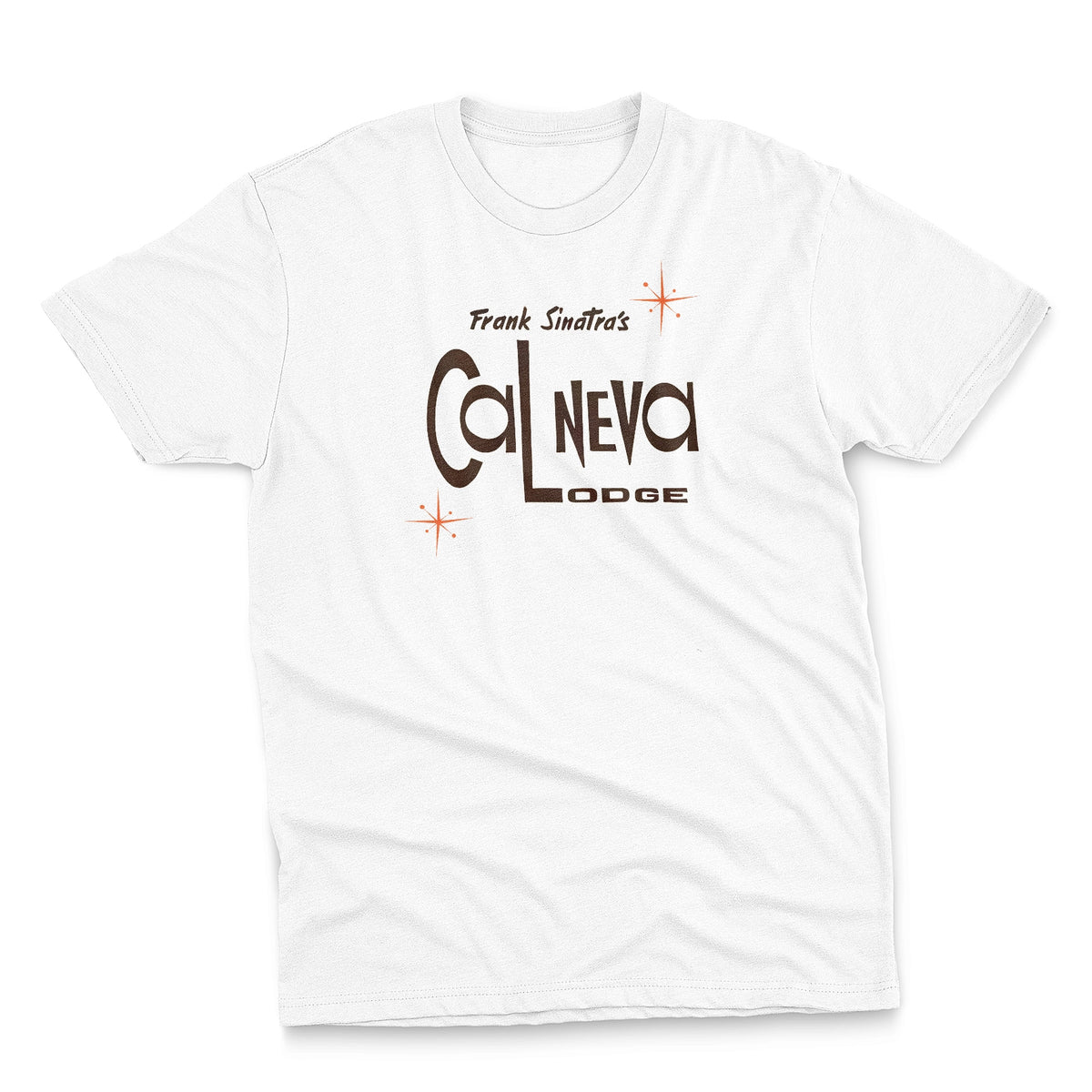 A white t-shirt featuring a retro graphic print of 'Frank Sinatra's Cal Neva Lodge', the legendary hotel and casino.