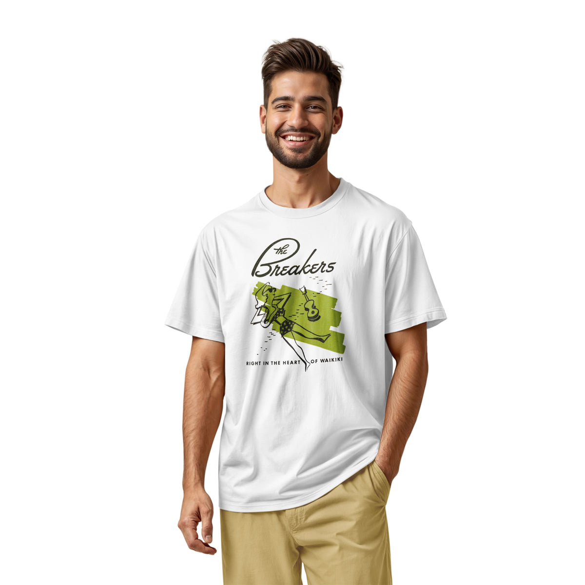 A white t-shirt featuring a retro illustration of a woman sunbathing, advertising The Breakers, a Hawaiian hotel.
