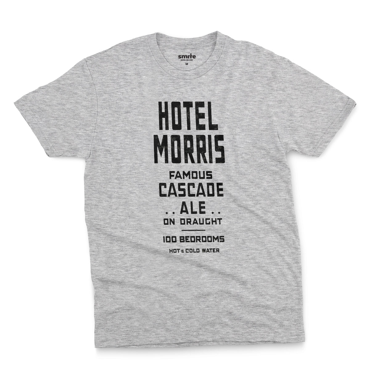 A gray marle t-shirt with a retro typographic advertisement for 'HOTEL MORRIS' from Sydney, Australia.