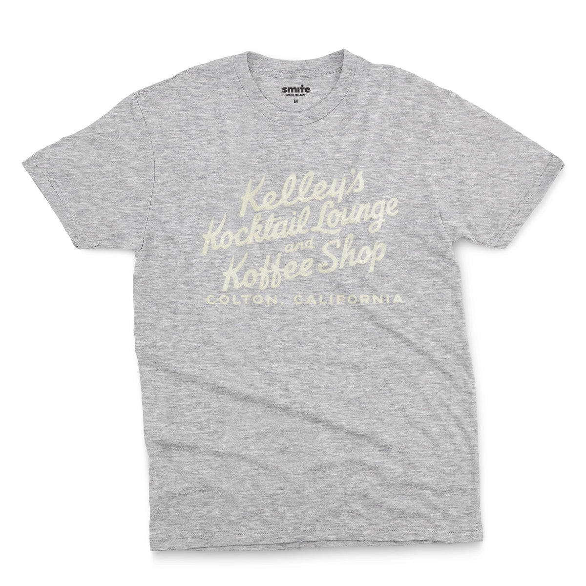 A gray marle t-shirt with a retro typographic advertisement for Kelley's Kocktail Lounge and Koffee Shop in Colton, California.
