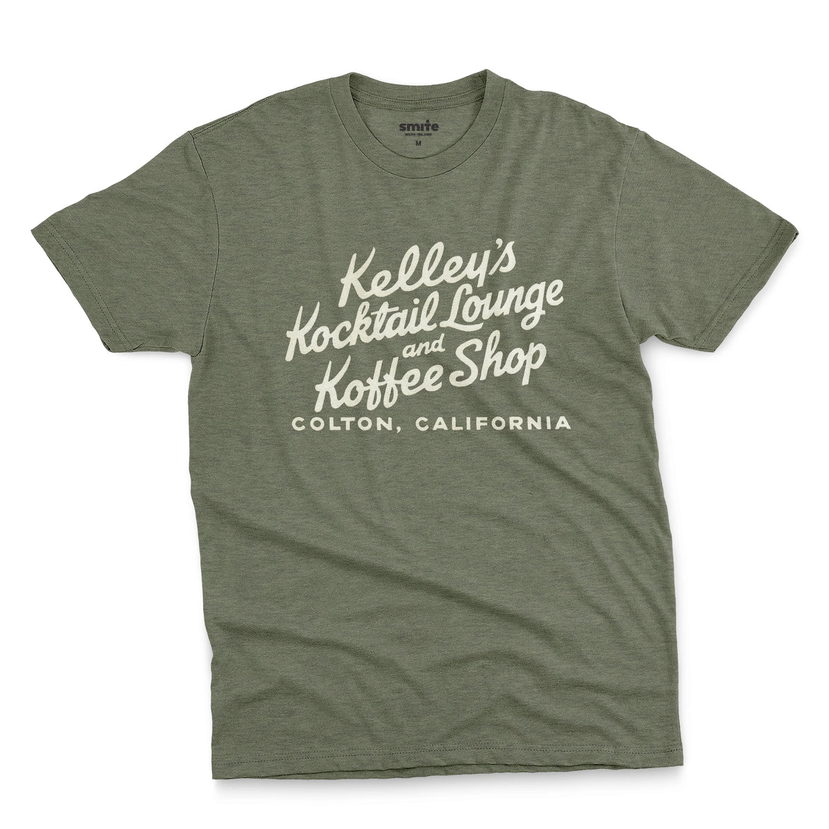 A green t-shirt with a retro typographic advertisement for Kelley's Kocktail Lounge and Koffee Shop in Colton, California.