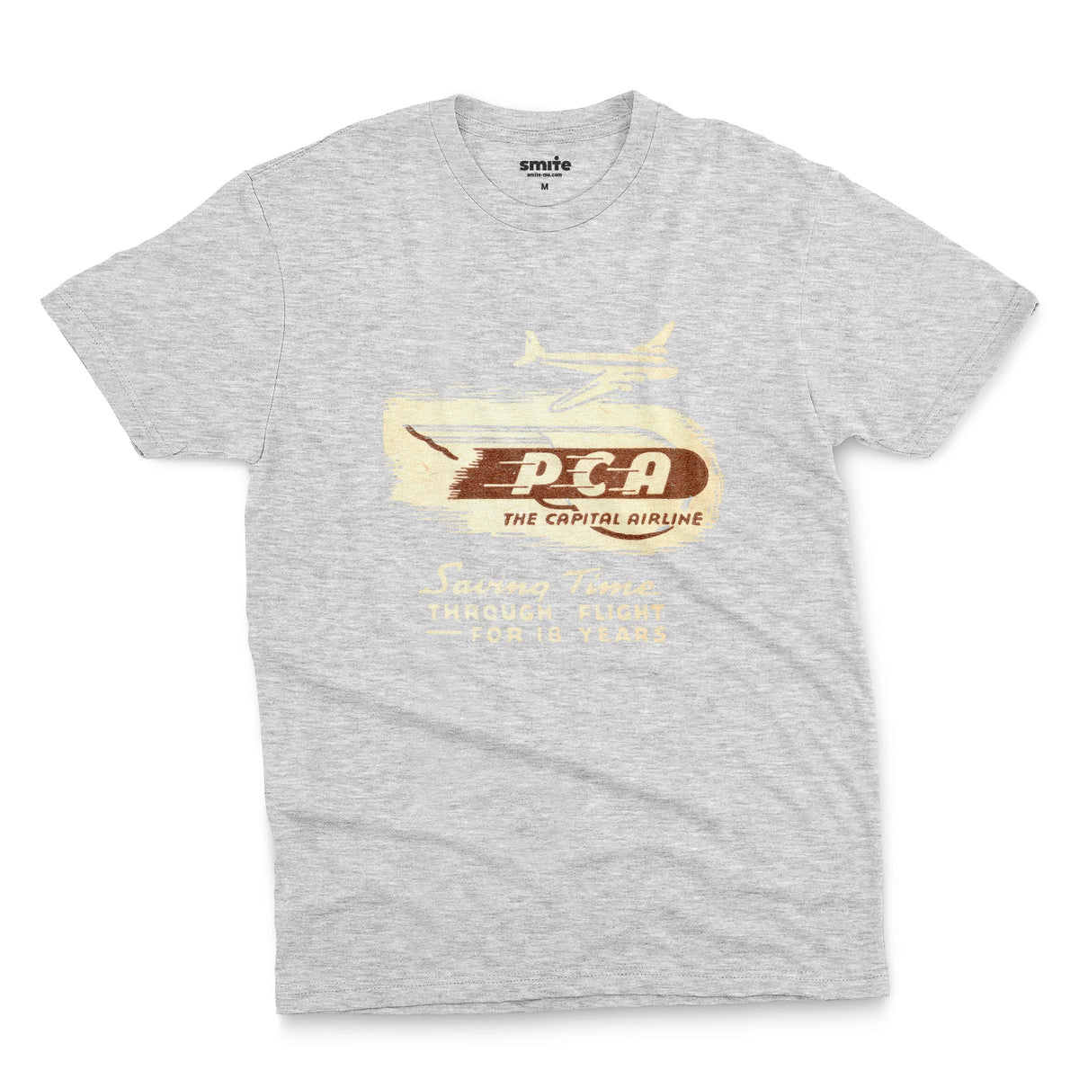 A gray marle t-shirt featuring a vintage graphic advertisement for 'PCA THE CAPITAL AIRLINE'.