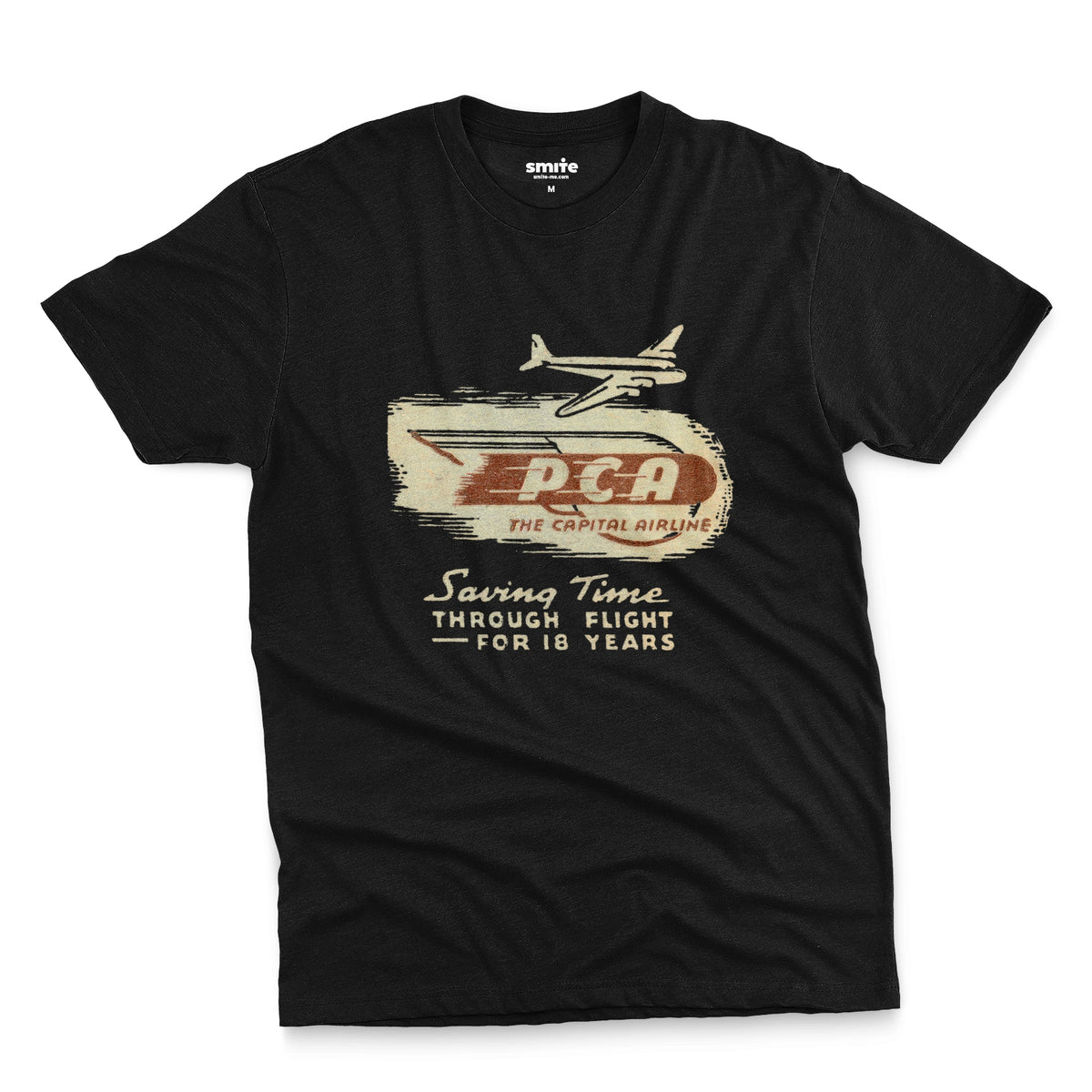 A black t-shirt featuring a vintage graphic advertisement for 'PCA THE CAPITAL AIRLINE'.