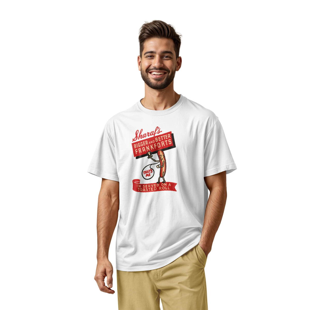 A white t-shirt with a vintage graphic print of a hot dog character holding a sign that reads 'Sharaf's Bigger and Better Frankforts'.