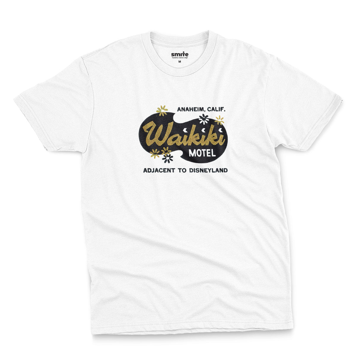 A white t-shirt with a retro advertisement for the 'Waikiki Motel' in Anaheim, California.