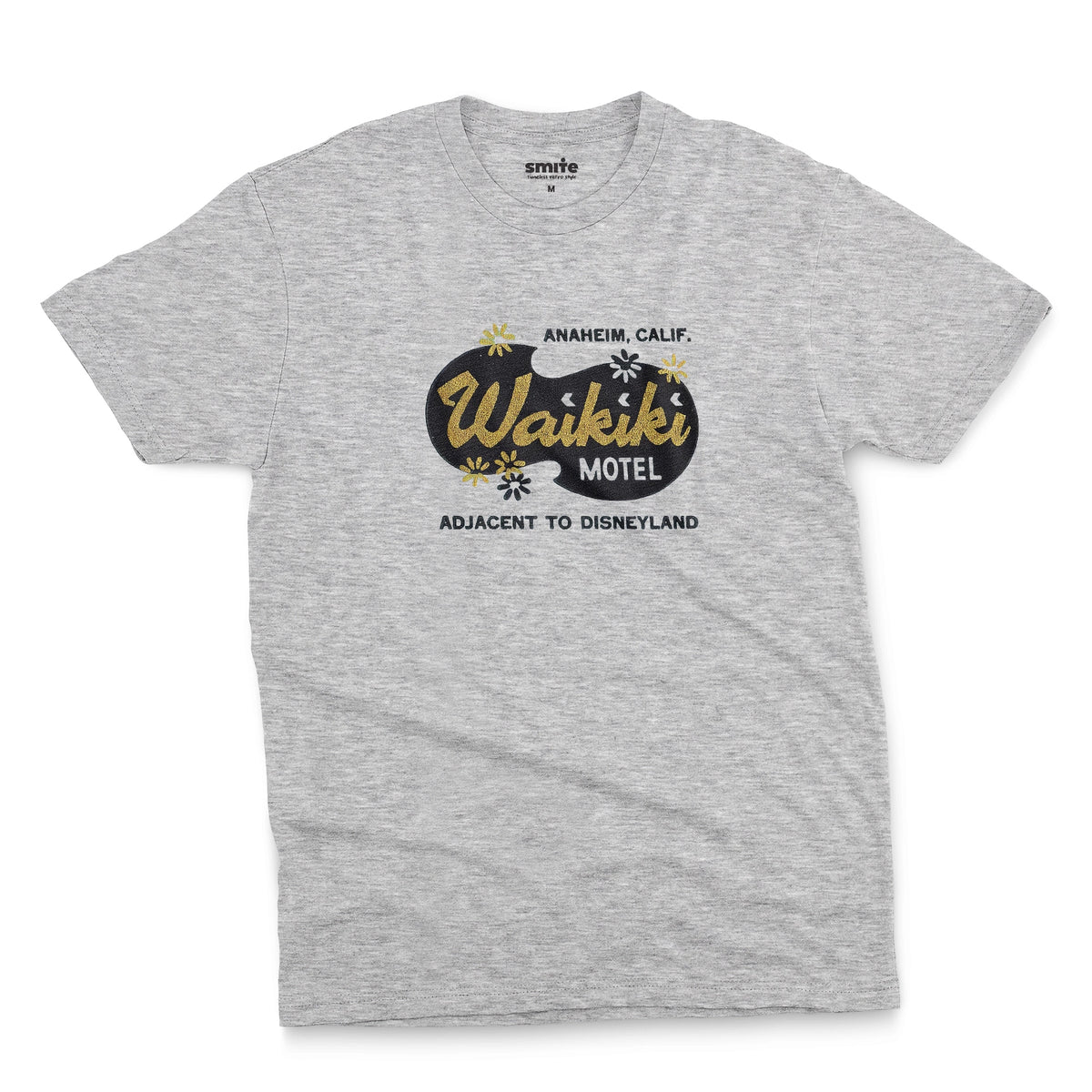 A gray marle t-shirt with a retro advertisement for the 'Waikiki Motel' in Anaheim, California.