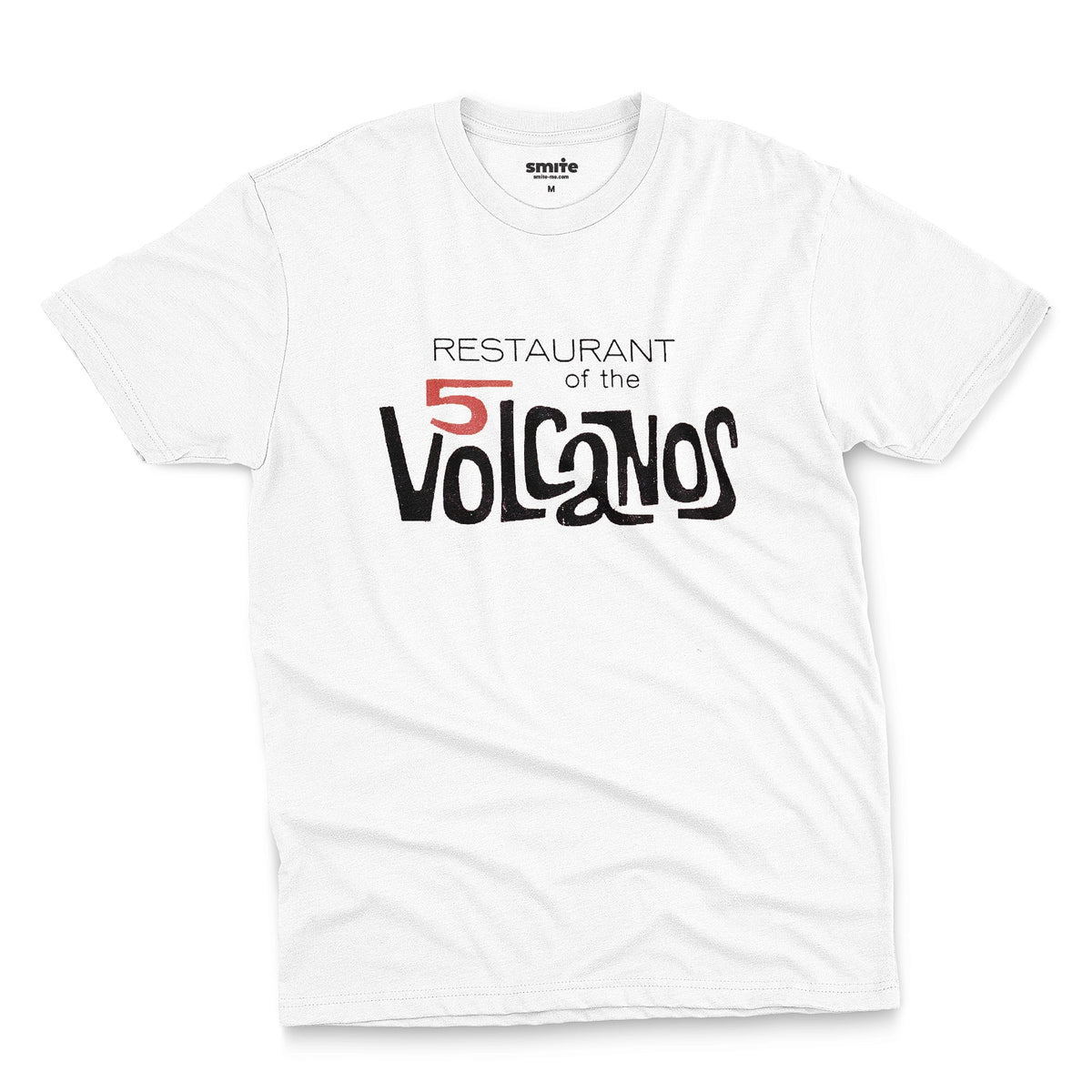A white t-shirt with a vintage logo for the 'Restaurant of the 5 Volcanos', the Hawaiian Pavlion's restaurant at the New York World's Fair, 1964.