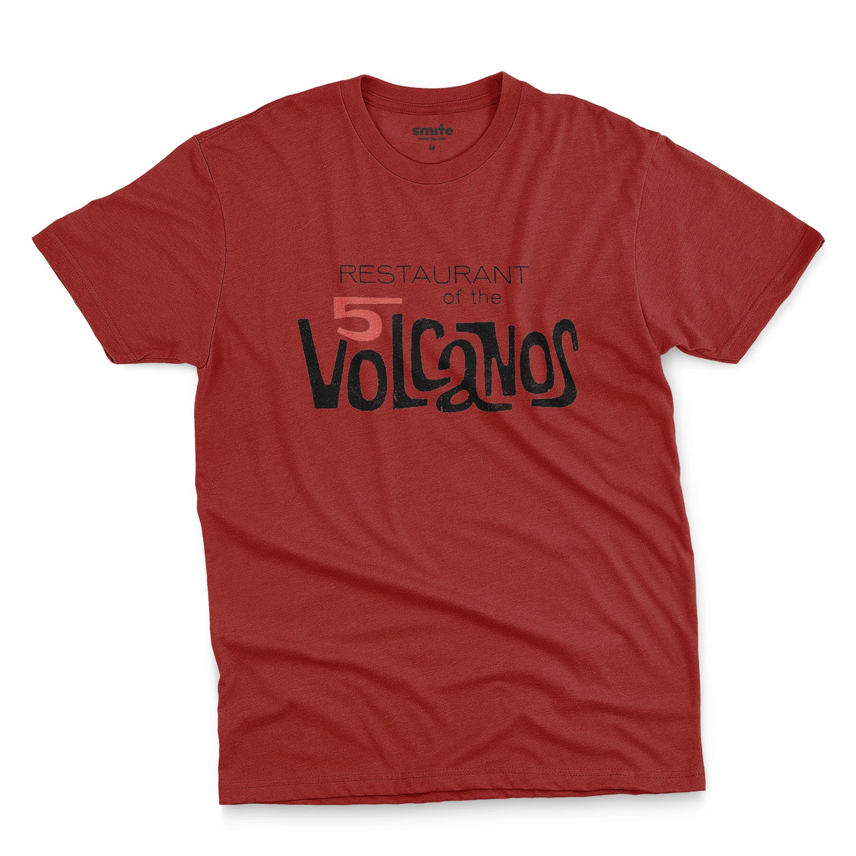 A red t-shirt with a vintage logo for the 'Restaurant of the 5 Volcanos', the Hawaiian Pavlion's restaurant at the New York World's Fair, 1964.