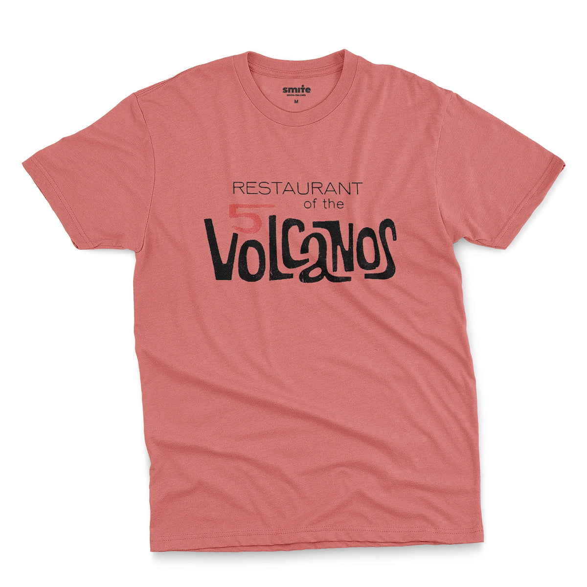 A coral pink t-shirt with a vintage logo for the 'Restaurant of the 5 Volcanos', the Hawaiian Pavlion's restaurant at the New York World's Fair, 1964.