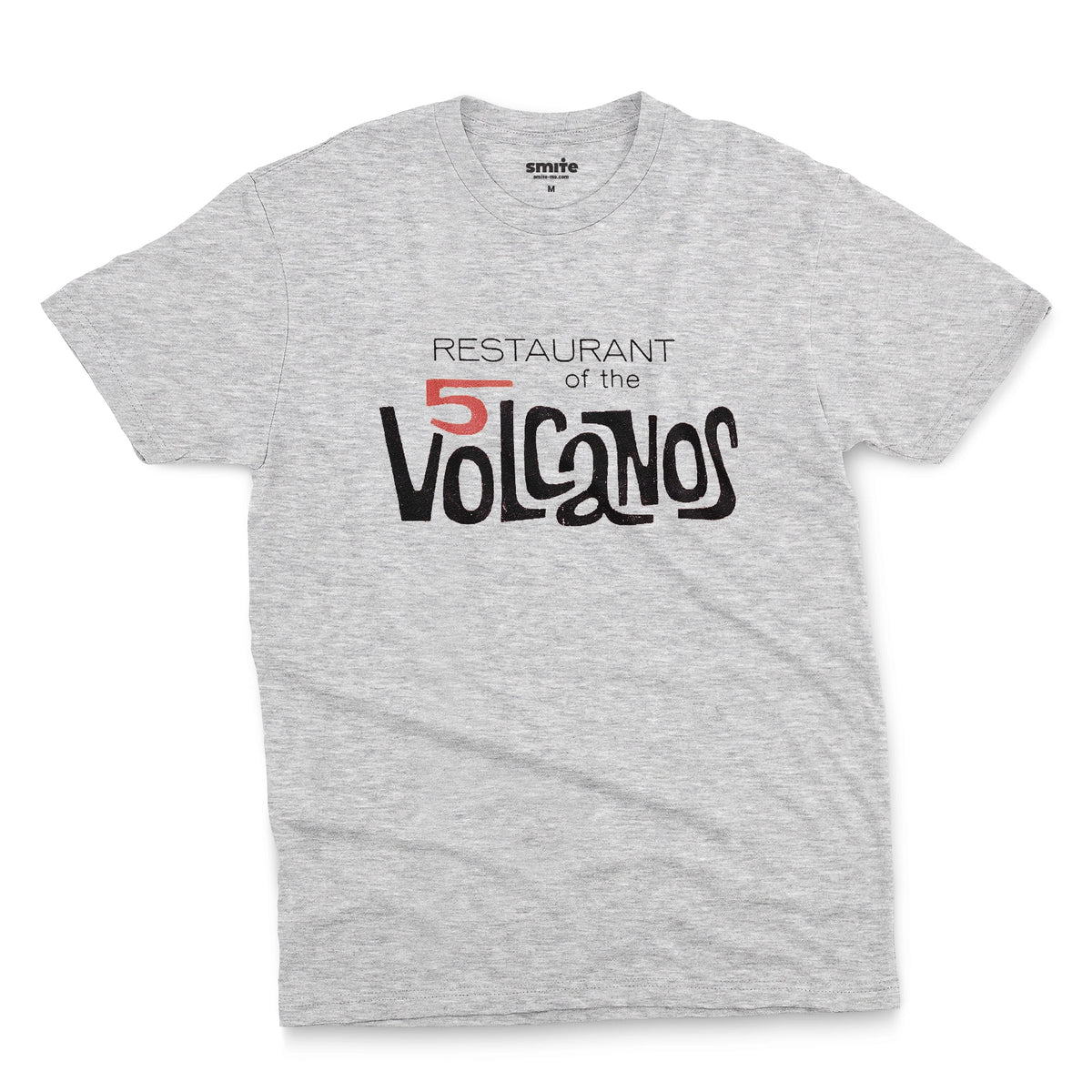 A gray marle t-shirt with a vintage logo for the 'Restaurant of the 5 Volcanos', the Hawaiian Pavlion's restaurant at the New York World's Fair, 1964.
