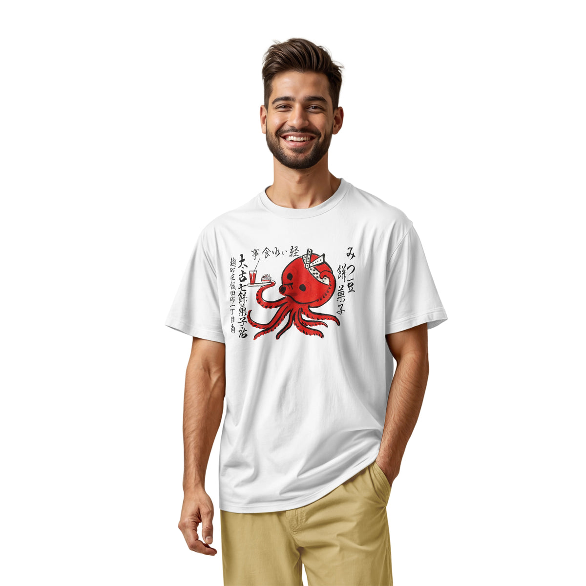 A white t-shirt with an advertisement for Mochi confectionery store featuring an octopus serving food and drink. From Japan in the 1950s.
