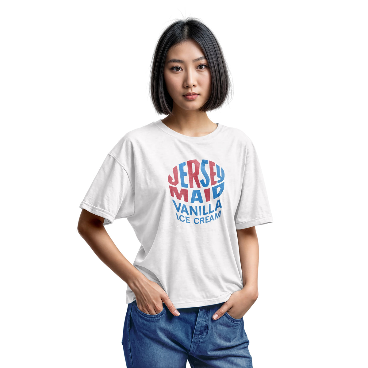 A white t-shirt featuring a retro graphic print that reads 'JERSEY MAID VANILLA ICE CREAM' from a 1960s Australian ice cream tin lid.