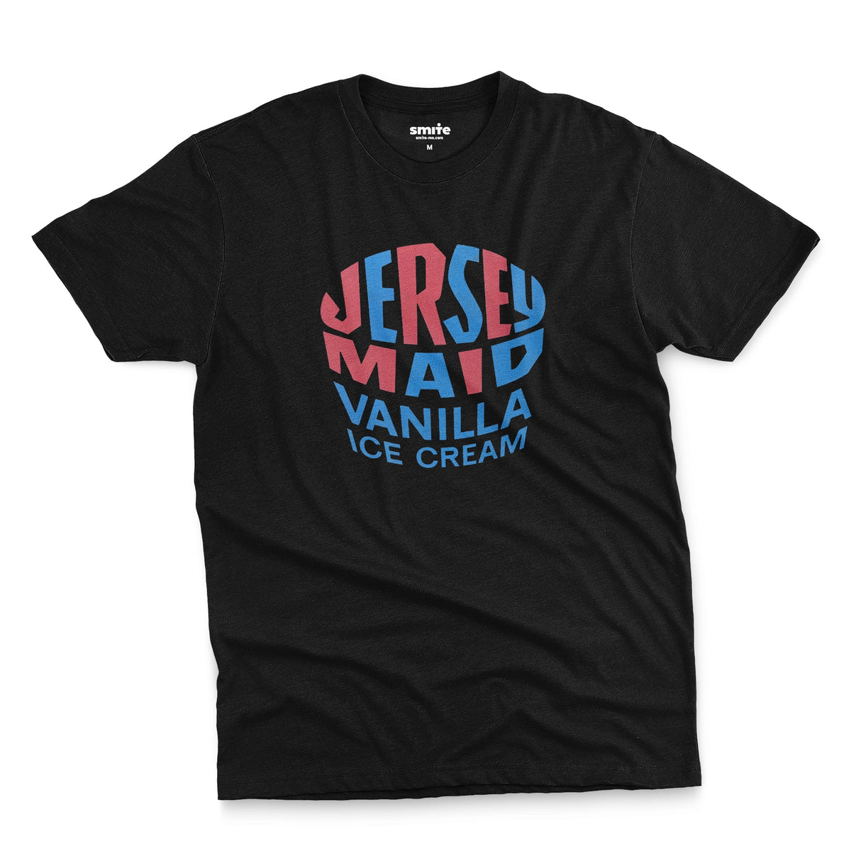 A black t-shirt featuring a retro graphic print that reads 'JERSEY MAID VANILLA ICE CREAM' from a 1960s Australian ice cream tin lid.