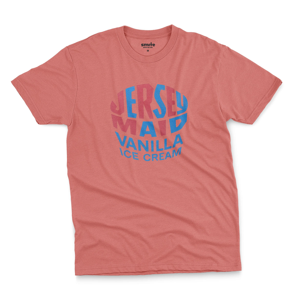 A coral pink t-shirt featuring a retro graphic print that reads 'JERSEY MAID VANILLA ICE CREAM' from a 1960s Australian ice cream tin lid.