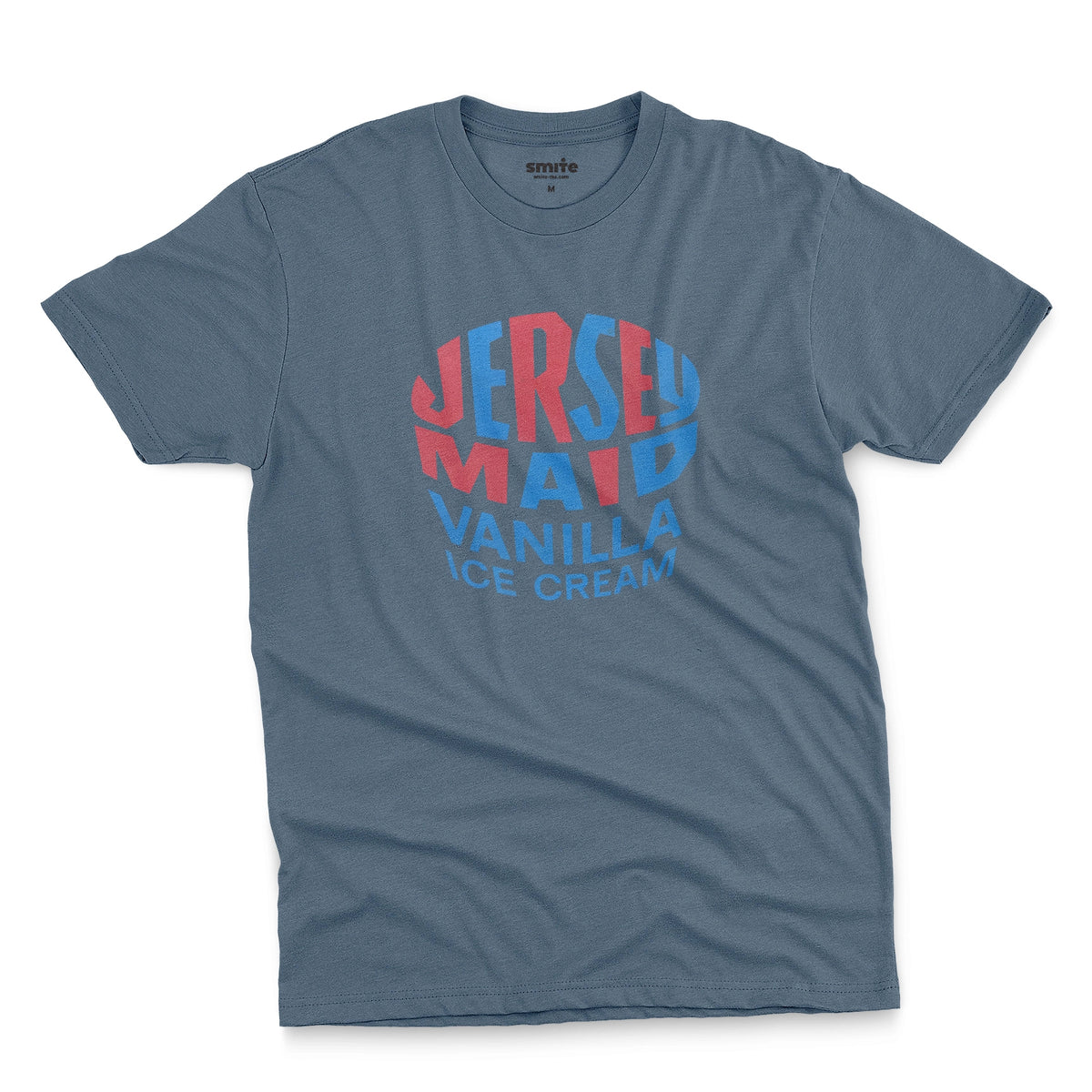 A blue t-shirt featuring a retro graphic print that reads 'JERSEY MAID VANILLA ICE CREAM' from a 1960s Australian ice cream tin lid.