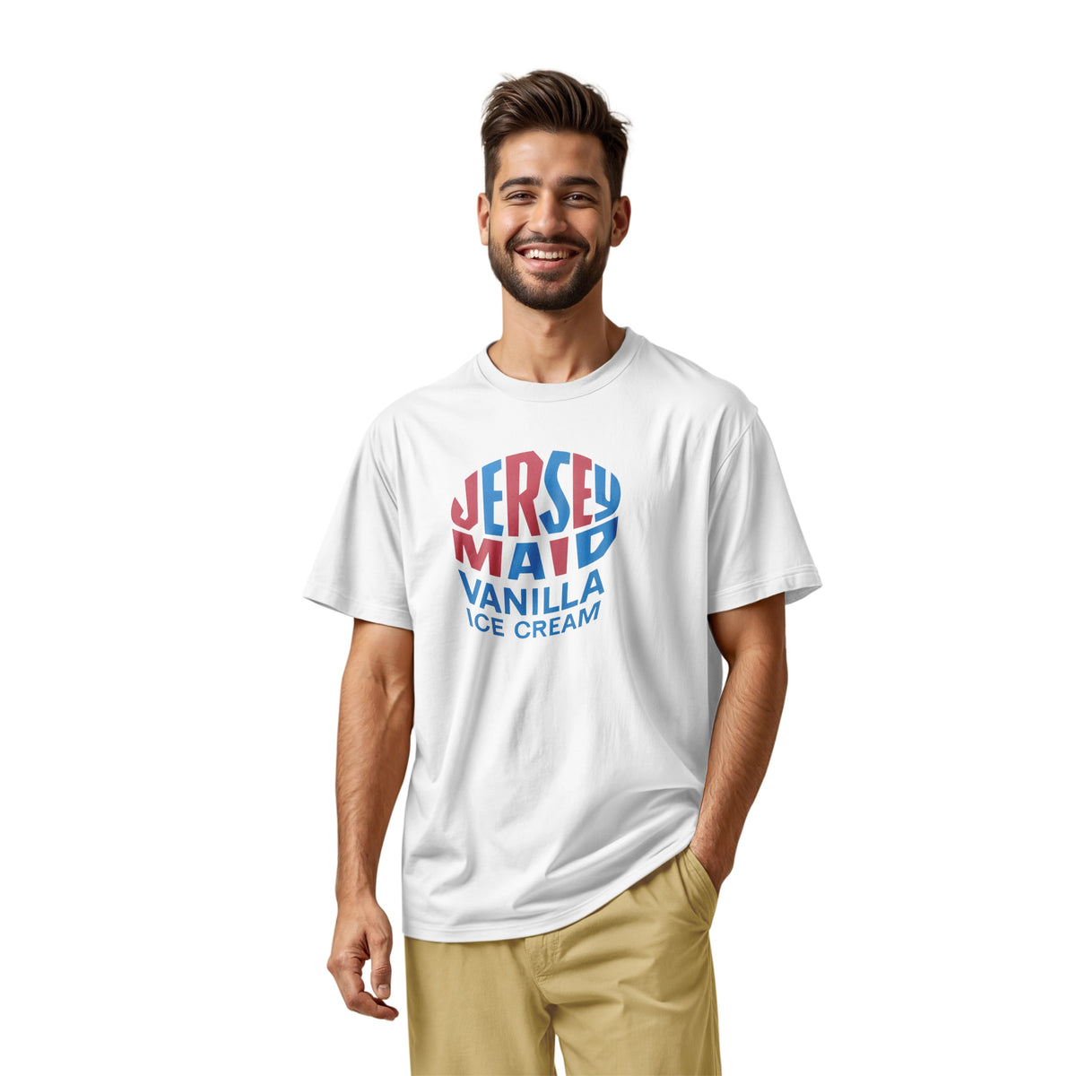 A white t-shirt featuring a retro graphic print that reads 'JERSEY MAID VANILLA ICE CREAM' from a 1960s Australian ice cream tin lid.