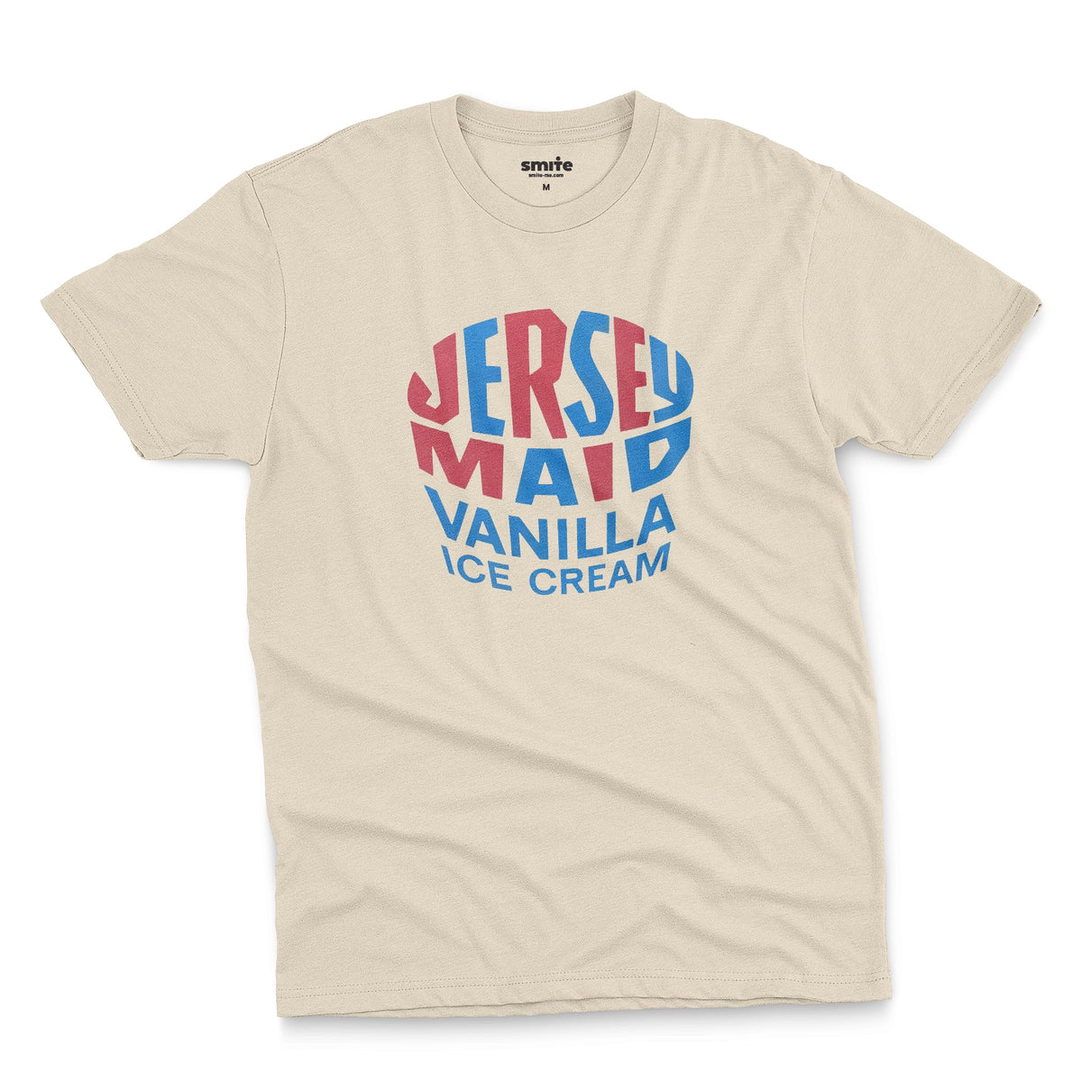A beige t-shirt featuring a retro graphic print that reads 'JERSEY MAID VANILLA ICE CREAM' from a 1960s Australian ice cream tin lid.