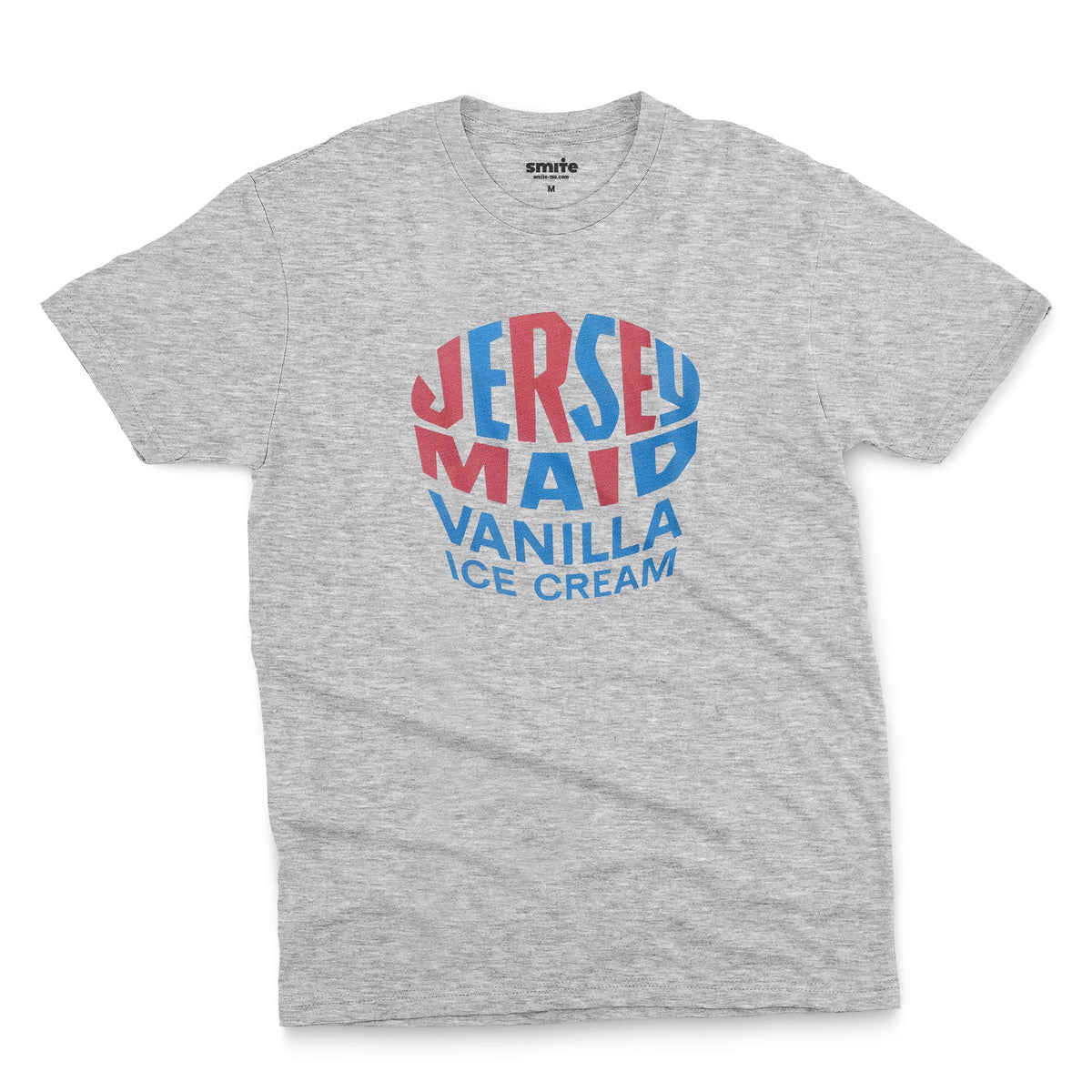 A grey marle t-shirt featuring a retro graphic print that reads 'JERSEY MAID VANILLA ICE CREAM' from a 1960s Australian ice cream tin lid.