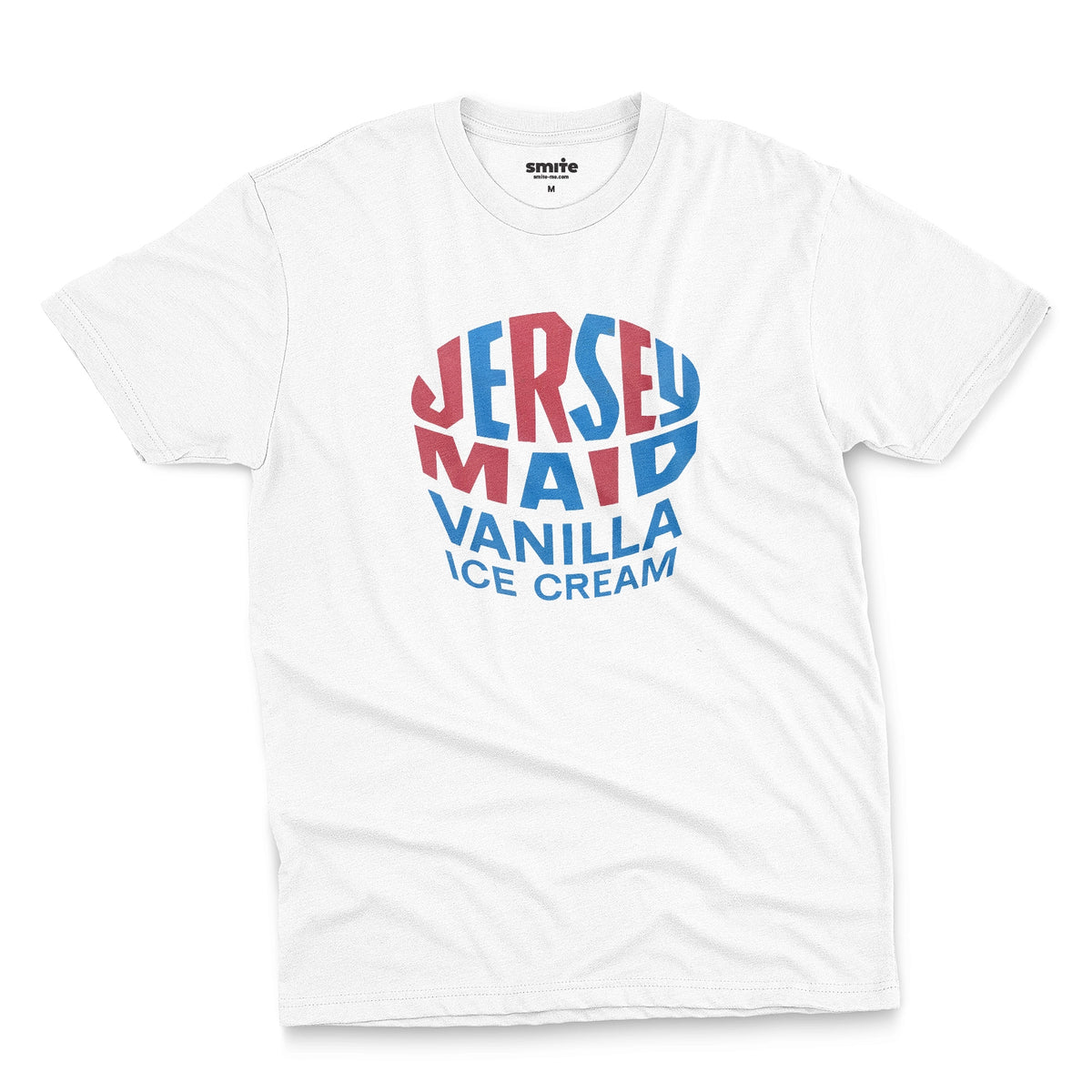 A white t-shirt featuring a retro graphic print that reads 'JERSEY MAID VANILLA ICE CREAM' from a 1960s Australian ice cream tin lid.