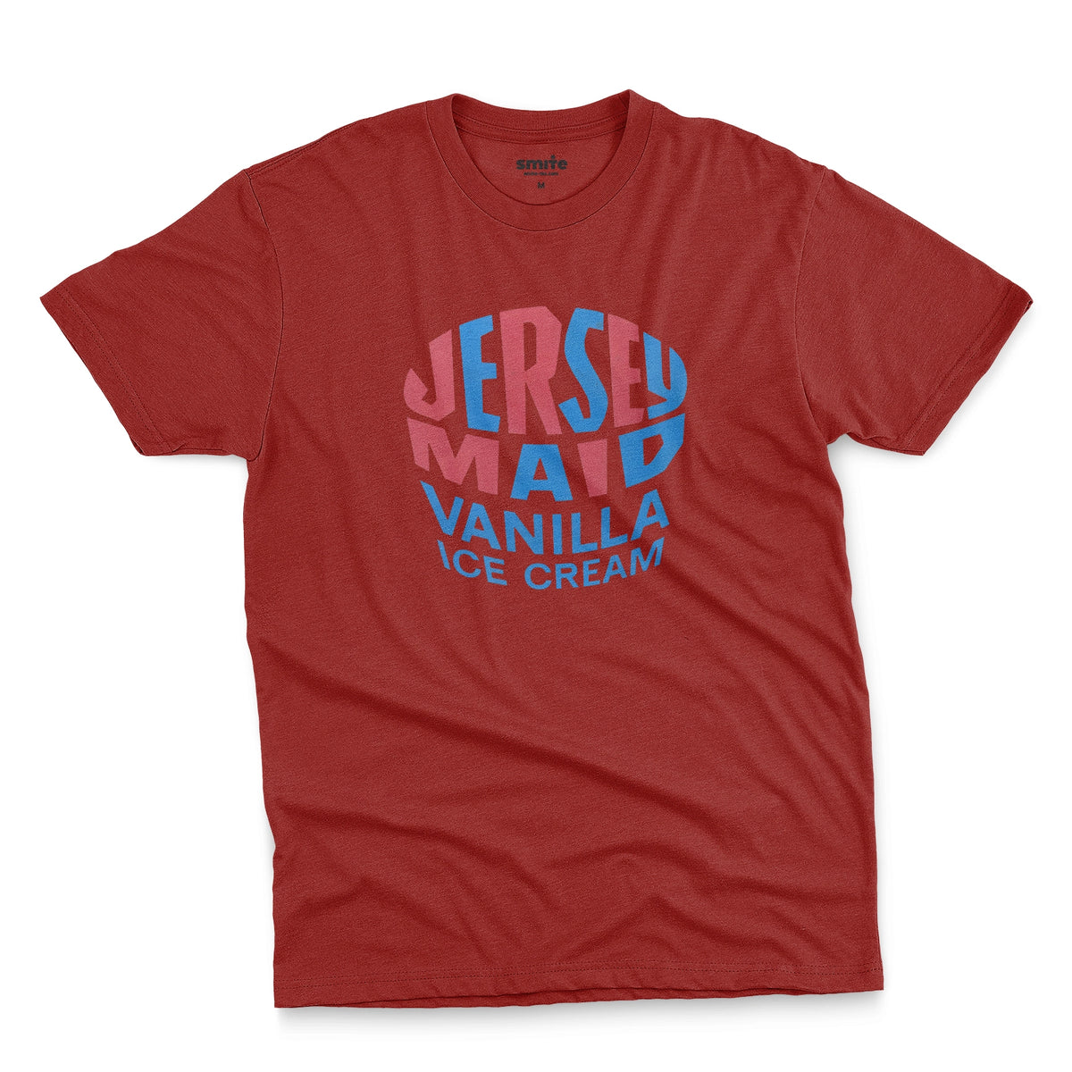 A red t-shirt featuring a retro graphic print that reads 'JERSEY MAID VANILLA ICE CREAM' from a 1960s Australian ice cream tin lid.