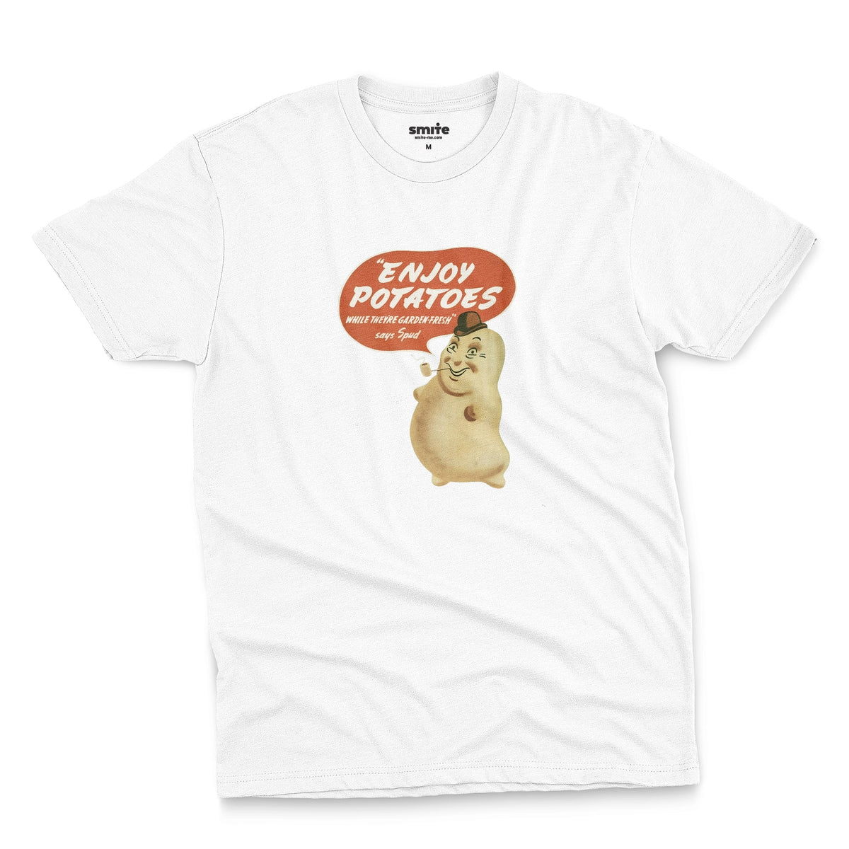A white t-shirt with a vintage graphic of a smiling potato character and a speech bubble that reads 'ENJOY POTATOES'.