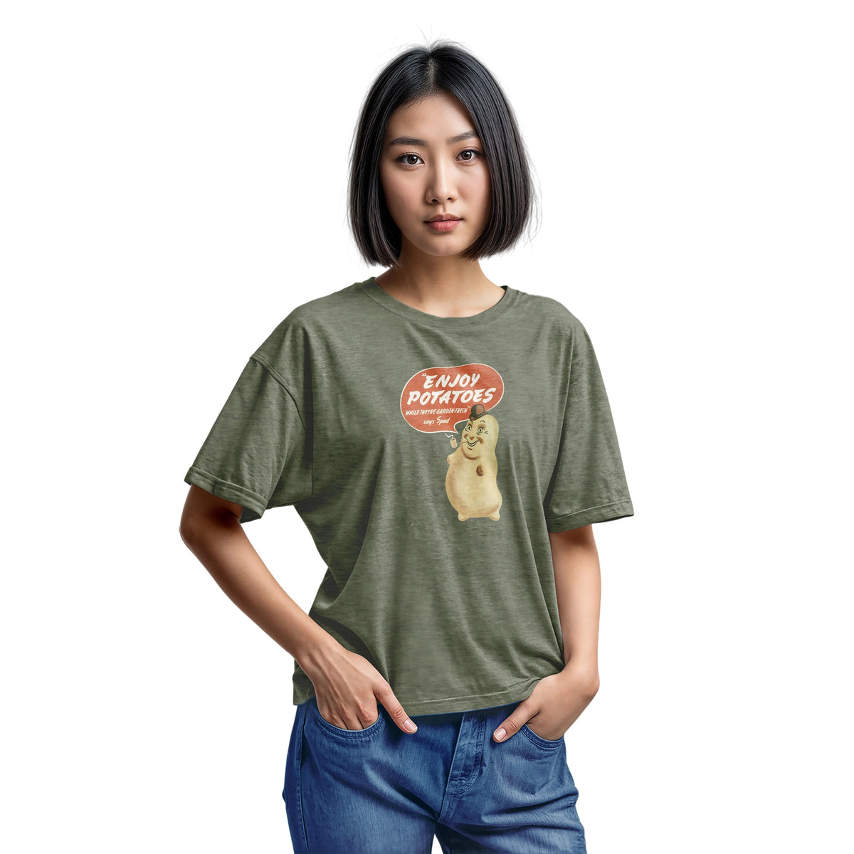A green t-shirt with a vintage graphic of a smiling potato character and a speech bubble that reads 'ENJOY POTATOES'.