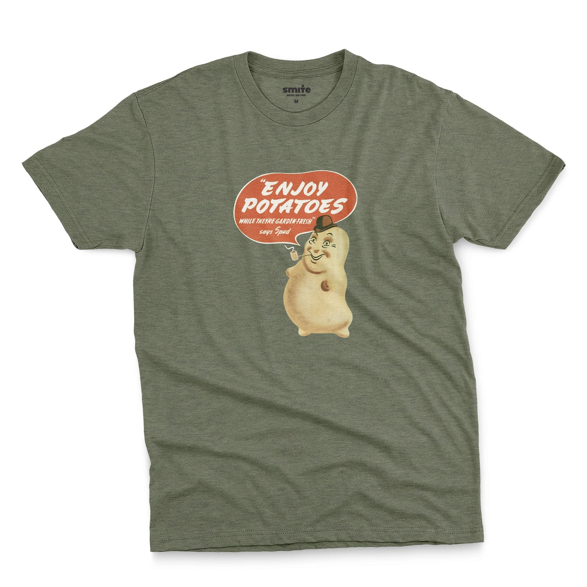 A green t-shirt with a vintage graphic of a smiling potato character and a speech bubble that reads 'ENJOY POTATOES'.