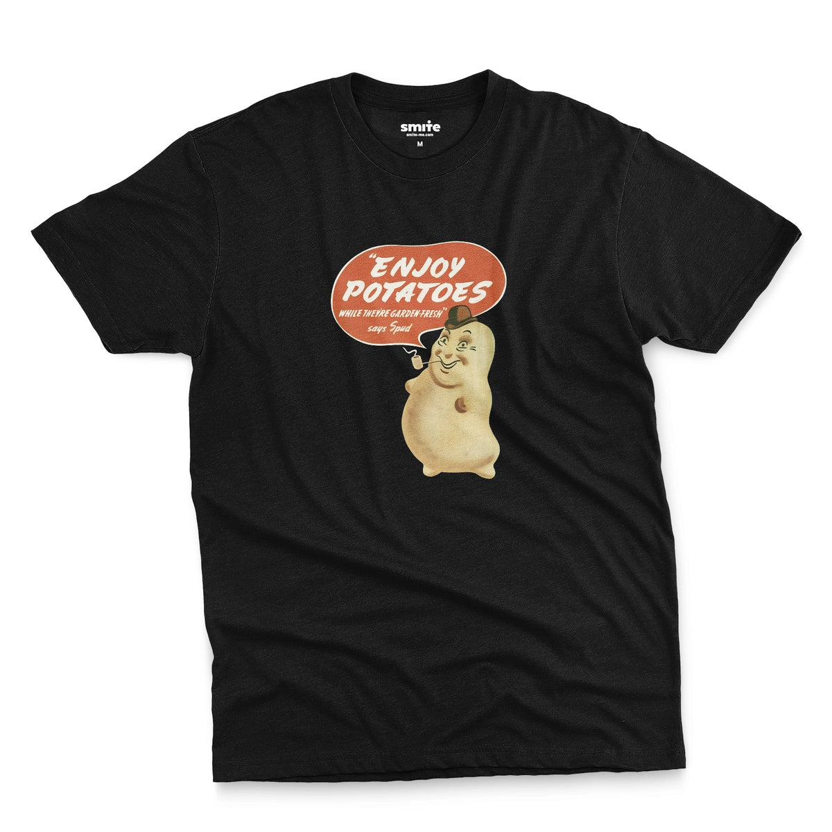 A black t-shirt with a vintage graphic of a smiling potato character and a speech bubble that reads 'ENJOY POTATOES'.