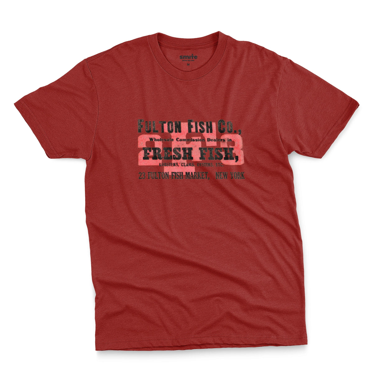 A red t-shirt with an advertisement for the 'FULTON FISH CO' in New York from the 1970s.