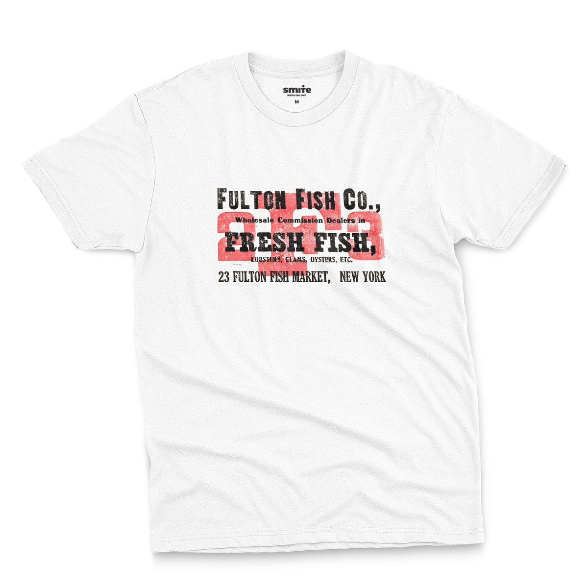 A white t-shirt with an advertisement for the 'FULTON FISH CO' in New York from the 1970s.