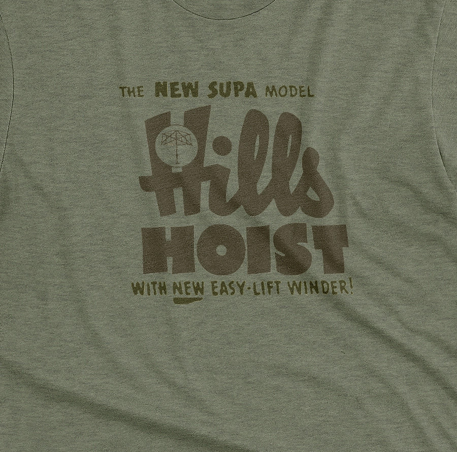 A green t-shirt with an advertisement for 'HILLS HOIST', a clothes line brand from Australia in the 1960s.