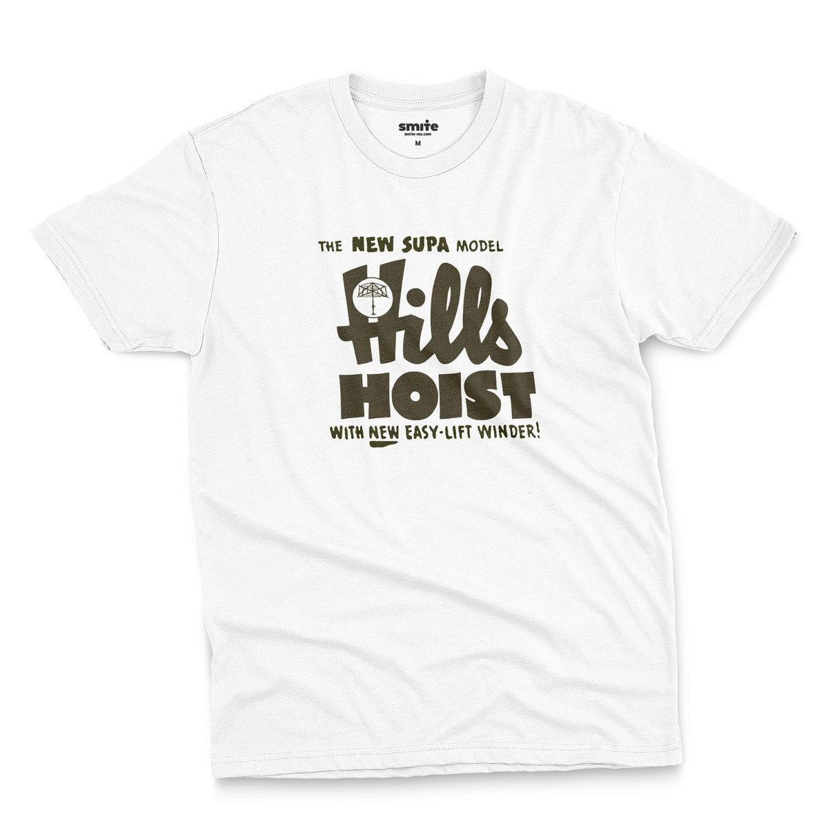 A white t-shirt with an advertisement for 'HILLS HOIST', a clothes line brand from Australia in the 1960s.