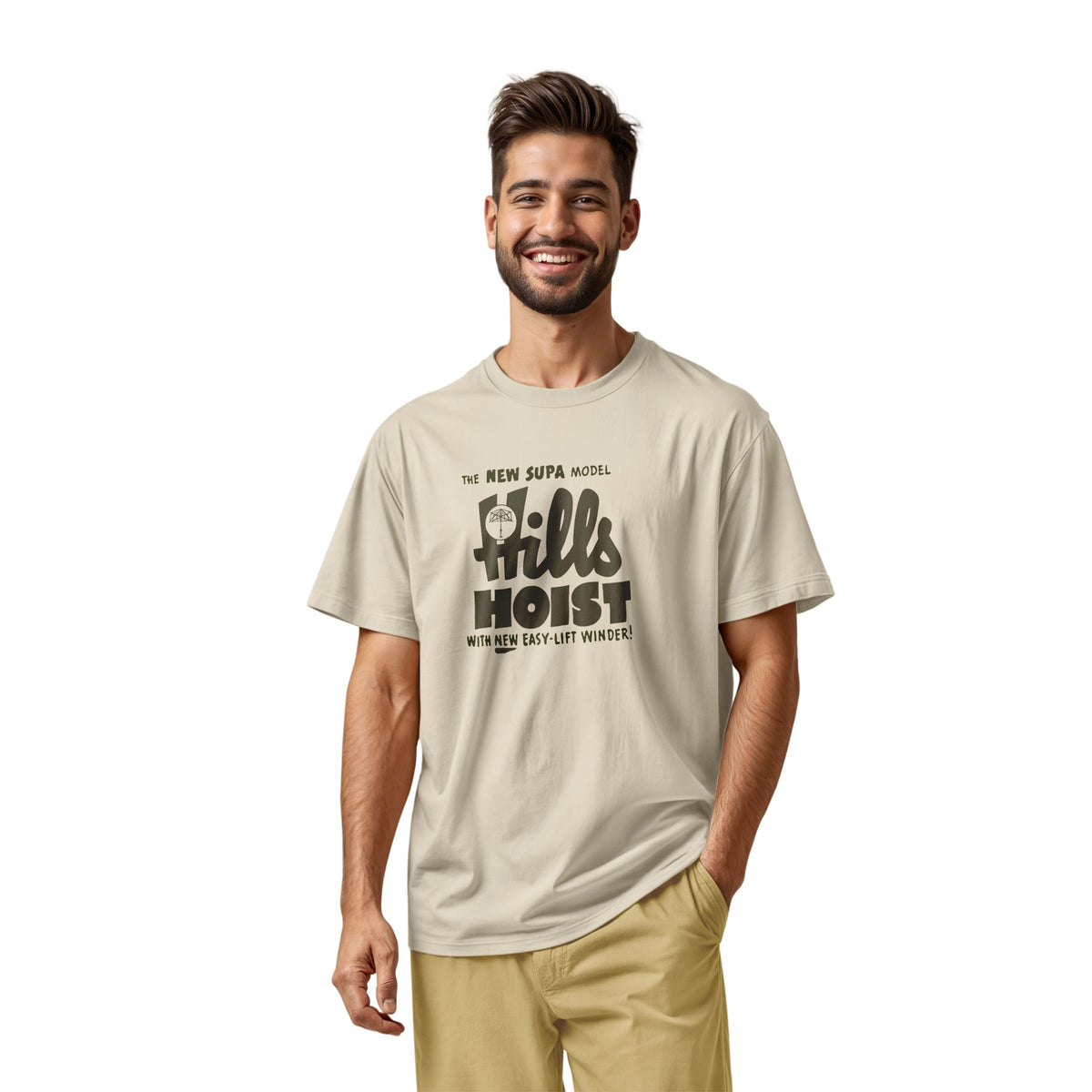 A beige t-shirt with an advertisement for 'HILLS HOIST', a clothes line brand from Australia in the 1960s.