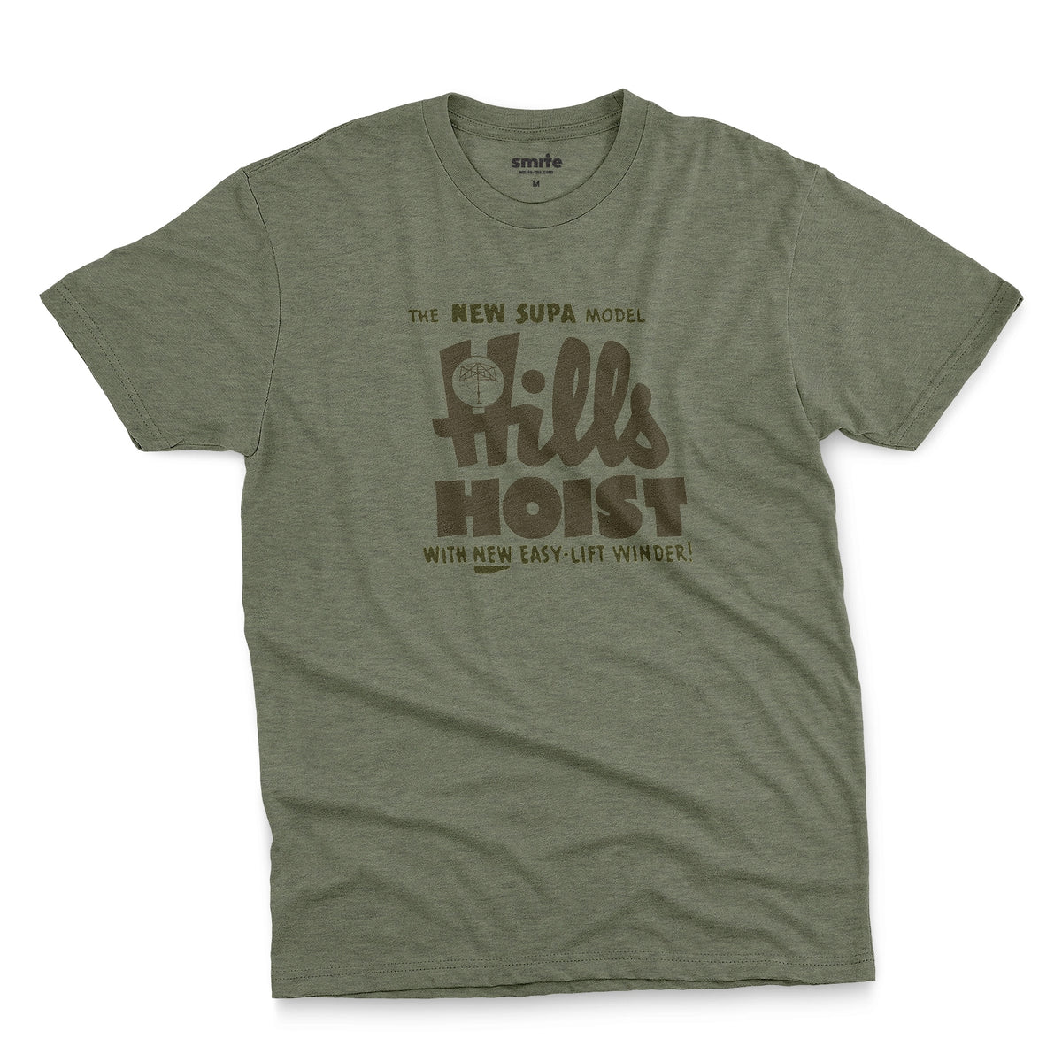 A green t-shirt with an advertisement for 'HILLS HOIST', a clothes line brand from Australia in the 1960s.