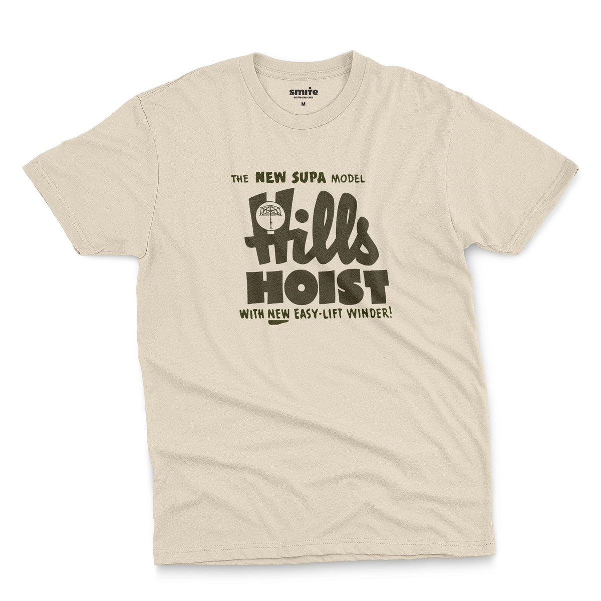 A beige t-shirt with an advertisement for 'HILLS HOIST', a clothes line brand from Australia in the 1960s.