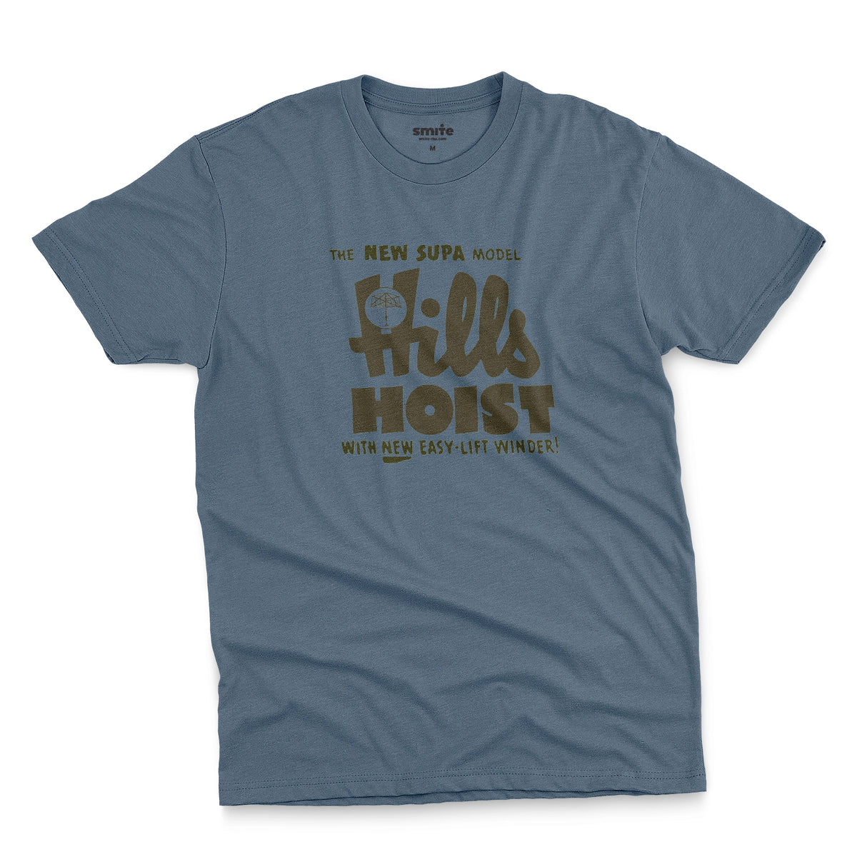 A blue t-shirt with an advertisement for 'HILLS HOIST', a clothes line brand from Australia in the 1960s.