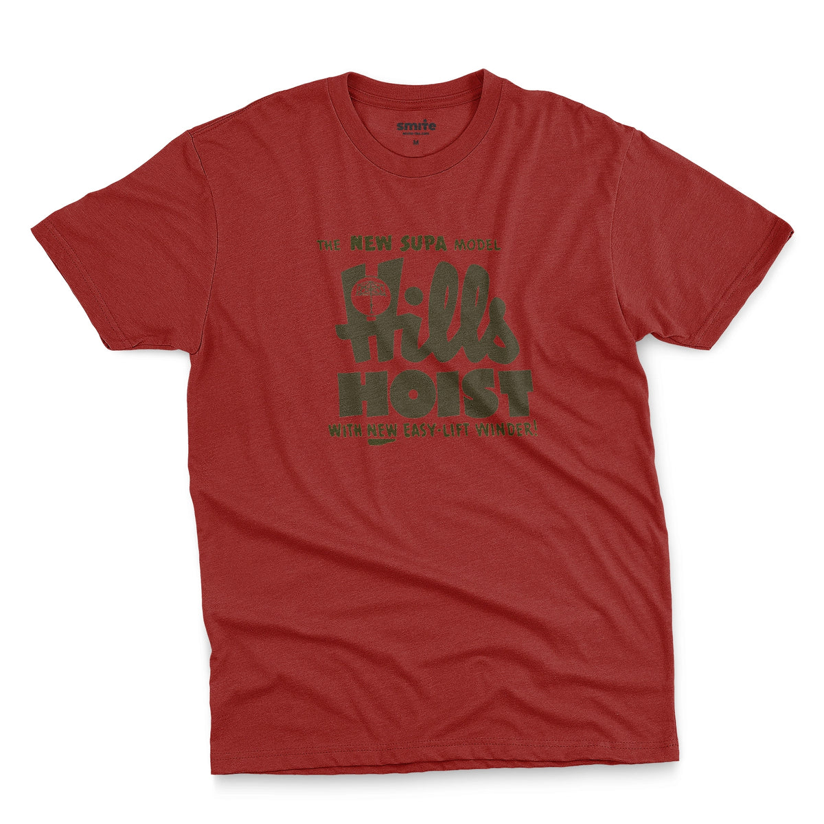 A red t-shirt with an advertisement for 'HILLS HOIST', a clothes line brand from Australia in the 1960s.